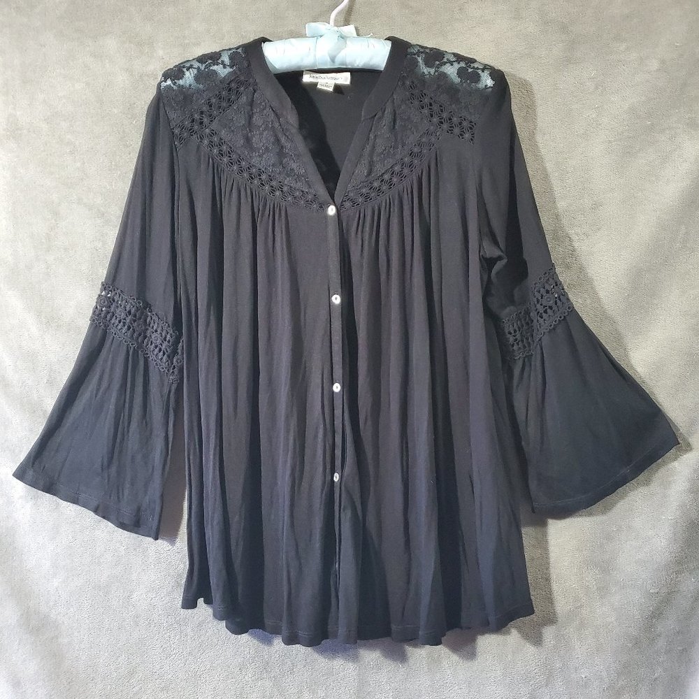 John Paul Richard Button Down Boho Bell Sleeve Overshirt w/Lace Black S